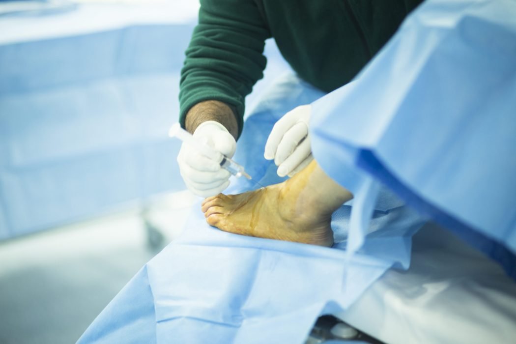Hospital emergency orthopedics and traumatology surgery operating room medical clinic real life photo in foot, ankle and leg arthroscopy orthopedic operation.